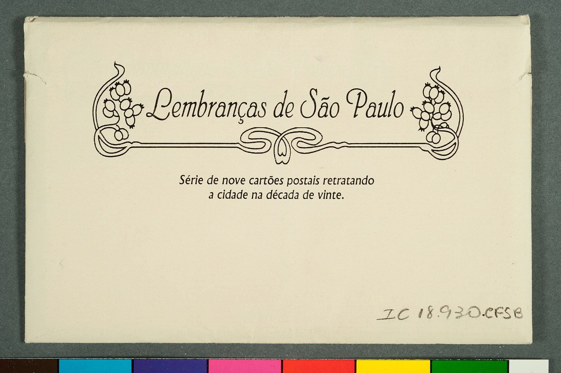 Imagem de referência de Lembranças de São Paulo, série de nove cartões postais retratando a cidade na década de vinte, descrito nos dados abertos como item da Coleção Cartões Postais, no Museu Paulista