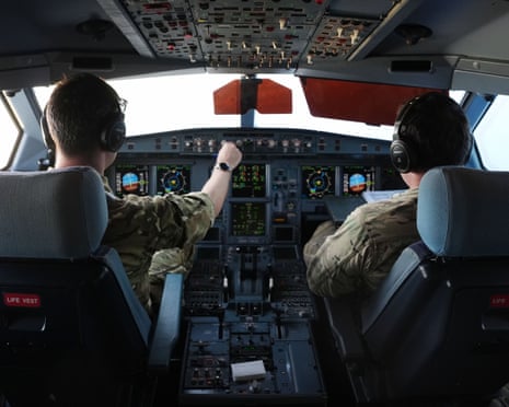 Inside the cockpit of an RAF Voyager air-to-air refuelling aircraft of the type that will help to refuel Saudi jets.